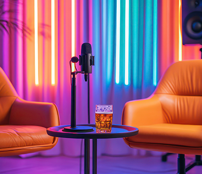 Zwei Stühle mit Podcast Mikrofon