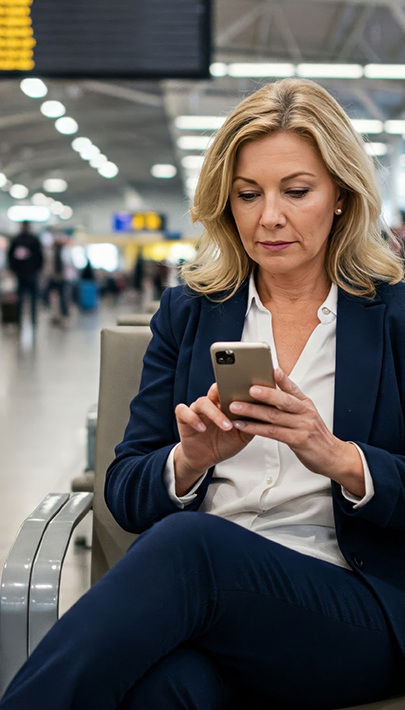 Frau am Handy am Flughafen